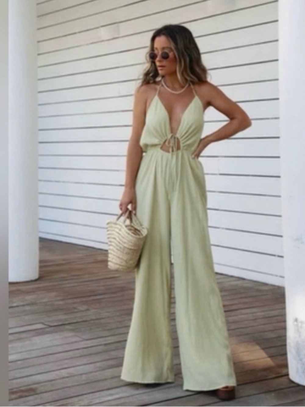 VICI Pistachio Green Halter Jumpsuit Keyhole Cutout Festival Beachy Resortwear